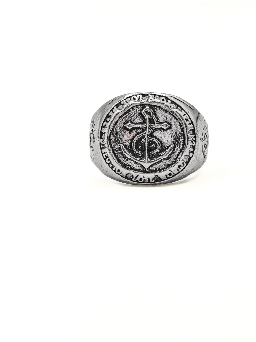 Gothic Signet Ring Anchor & Compass Rose Silver Tone Size 13.5